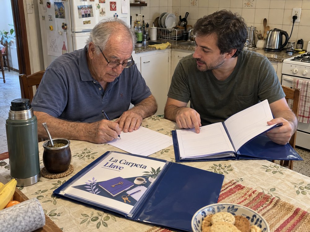 Padre e hijo organizan juntos los papeles de la carpeta