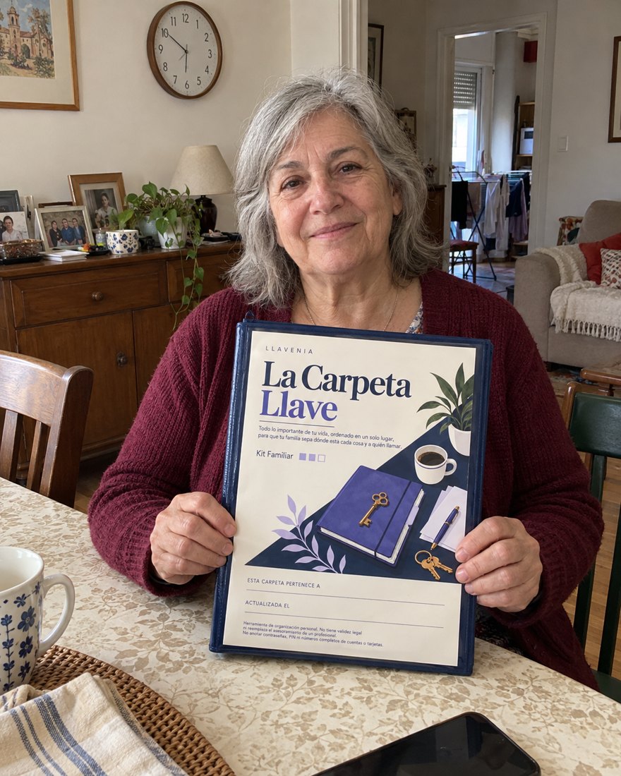 Una mujer mayor muestra La Carpeta Llave impresa, sentada a la mesa de su casa
